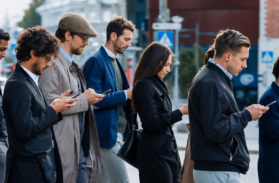 A line of people on a city street, each looking at a smartphone